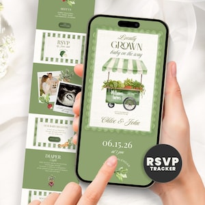 May include: A smartphone displays a baby shower invitation with a green and white theme. The invitation features a watercolor illustration of a produce cart with the text "Locally Grown baby on the way." The date and time are also displayed.