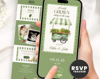 Modèle d'invitation pour baby shower de Farmers Market, invitation numérique avec suivi des réponses en ligne, invitation modifiable sur toile
