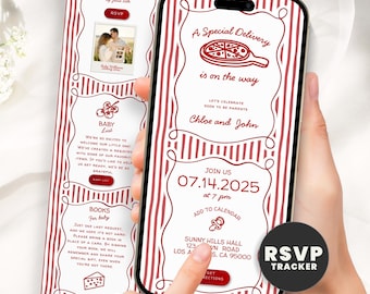 Può includere: Uno smartphone mostra un invito a un baby shower con uno sfondo a righe rosse e bianche. Il testo dell'invito recita "A Special Delivery is on the way" e include data, ora e luogo. È visibile anche un tracker RSVP.