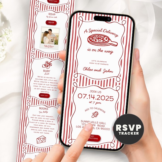 Special Delivery Baby Shower Web Invitation | Pizza Invite with RSVP & Music | Editable Canva Template