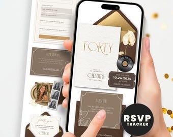 Elegant 40th Birthday Invitation for Women, Brown Gold Digital Evite with RSVP Guest Tracker, Editable Website Template