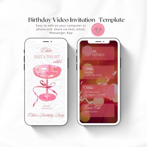 May include: A pink and white digital invitation for a birthday party. The invitation features a pink champagne glass with a pink ribbon and the text "Chloe JUST A TINI BIT older". The details of the party are listed on the right side of the invitation, including the date, time, location, and dress code.