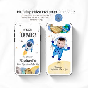 Invito video per la festa di compleanno del primo bambino nello spazio, Primo viaggio intorno al sole, invito digitale animato per la festa nello spazio, modello di invito elettronico senza carta