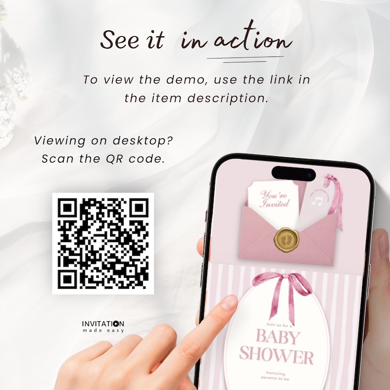 Może przedstawiać: Ekran smartfona wyświetla cyfrowe zaproszenie na baby shower z r&oacute;żową kopertą, woskową pieczęcią i w paski tłem. Tekst brzmi: See it in action, To view the demo, use the link in the item description, Viewing on desktop? Scan the QR code.
