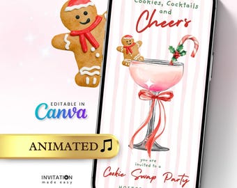 Cookie Exchange Holiday Cocktail Invitation | Cookies Cocktails and Cheer | Christmas Brunch Digital Template | Pink Holiday Party Invite