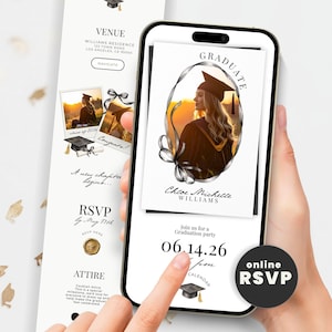 Könnte beinhalten: Eine Abschlussankündigung auf einem Smartphone-Bildschirm, die ein Foto eines Absolventen in Robe und Hut zeigt. Die Ankündigung enthält den Namen des Absolventen, Veranstaltungsdetails und eine RSVP-Option.