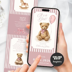 May include: A digital baby shower invitation on a smartphone screen, featuring a watercolor teddy bear with a pink bow and balloon. The invitation reads "It's a Girl!" and includes the names Chloe & John, with event details and an RSVP option.