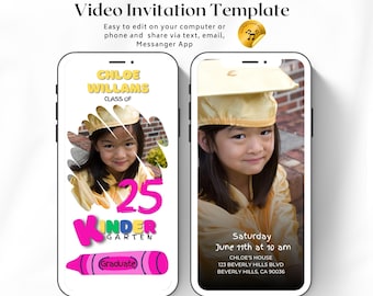 May include: A video invitation template for a kindergarten graduation party. The template features a photo of a young girl in a graduation cap and gown, along with the text "Chloe Williams, Class of 25, Kindergarten". The invitation also includes the date and time of the party, as well as the location.