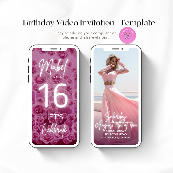 Any Age Birthday Video Invitation, Sweet Sixteen Invite, Quinceanera Editable Template, Neon Birthday Invite, Flower Evite, Instant Download