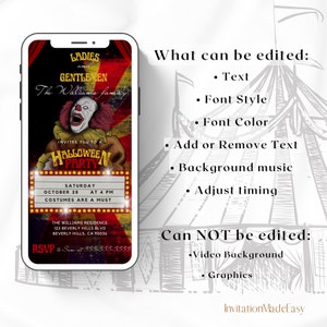 May include: A digital invitation for a Halloween party with a scary clown illustration. The invitation includes the text "Ladies and Gentlemen, The Williams family invites you to a Halloween Party, Saturday, October 28 at 4 PM, Costumes are a must, The Williams Residence, 123 Beverly Hills Blvd, Beverly Hills, CA 90036, RSVP to Sam at 555-555-5555".