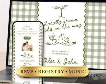 Site Web d'invitation à une baby shower cultivé localement avec réponse en ligne, invitation de site Web Canva modifiable, lien vers le registre