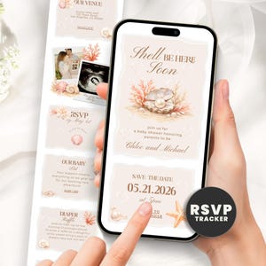 Puede incluir: Un teléfono inteligente muestra una invitación a un baby shower con un diseño de concha y perla. La invitación dice "Shell Be Here Soon" e incluye los nombres de Chloe y Michael. Se ven tarjetas adicionales con detalles del evento.