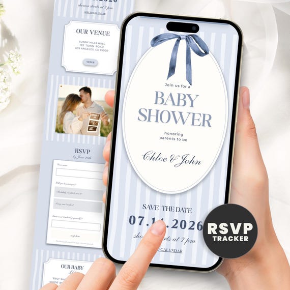 Blue Bow Baby Shower Invitation Website with Online RSVP Guest Tracker, Boy Evite, Editable Digital Template, Text Message Evite