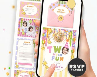Two Much Fun Girl 2nd Birthday Invitation with Online RSVP Guest Tracker, Ready Two Party Editable Digital Template, Text Message Evite