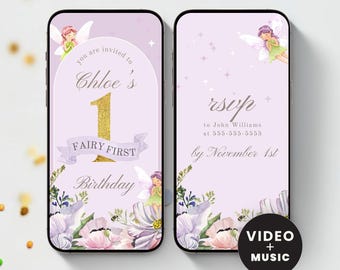 Fairy First Birthday Video Invitation, Animated 1st Birthday Evite, Enchanted Garden Digital Invite with Photos, Boho Arch Party Theme