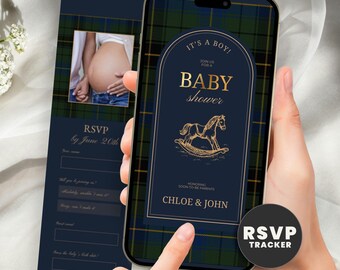 Rocking Horse Baby Shower Invitation Website, Boy Baby Shower Invite with Online RSVP, Plaid Preppy Canva Template, Text Message Evite
