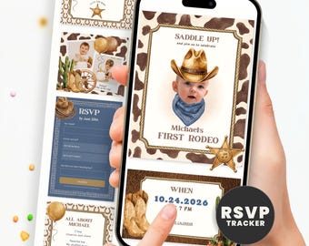 First Rodeo Birthday Invite with Online RSVP Guest Tracker, Editable Website Template, Cowboy Evite for Boy, Text Message Invitation