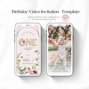First Birthday Video Invitation Little Miss Onederful, Wild flowers 1st Birthday, Wild ONE Animated Digital Invite, Editable Template