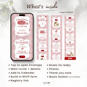 May include: A digital baby shower invitation with a pizza theme. The invitation includes the text "A Special Delivery is on the way" and event details. The website has three pages with photos, RSVP, and thank you notes.