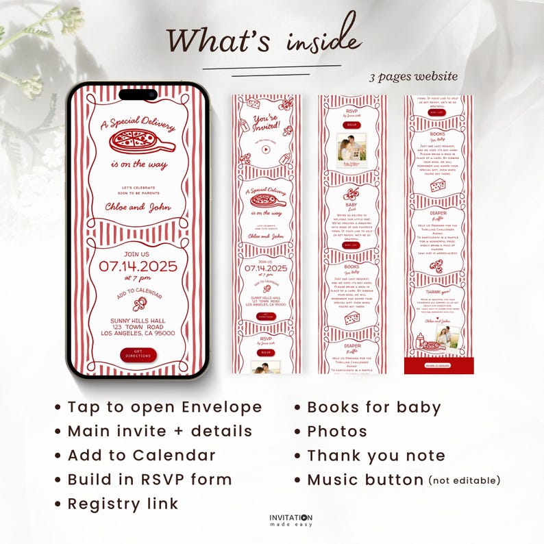 May include: A digital baby shower invitation with a pizza theme. The invitation includes the text "A Special Delivery is on the way" and event details. The website has three pages with photos, RSVP, and thank you notes.