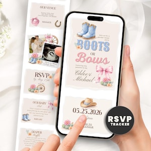 May include: A smartphone displays a baby shower invitation with the text "Boots or Bows" in blue and pink. The invitation includes watercolor illustrations of cowboy boots, a bow, and flowers. The date is May 25, 2026.