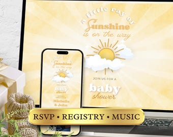 Convite para chá de bebê Sunshine | Canva editável | RSVP, música, lista de presentes, sorteio de fraldas