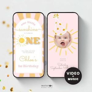 Little Sunshine First Birthday Video Invitation with Photos, Little Miss Sunshine 1st Birthday Invite, sun Animated Digital Evite Template