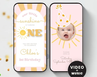Little Sunshine First Birthday Video Invitation with Photos, Little Miss Sunshine 1st Birthday Invite, sun Animated Digital Evite Template