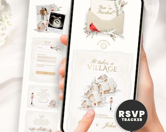 It Takes a Village Baby Shower Invitation, Winter Baby Shower Website with Online RSVP Guest Tracker, Editable Digital Template