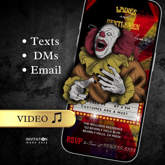 Halloween Party Video Invitation Spooktacular Party Invite Editable Template Creepy Clown Invite Halloween Costume Evite Carnival Invitation