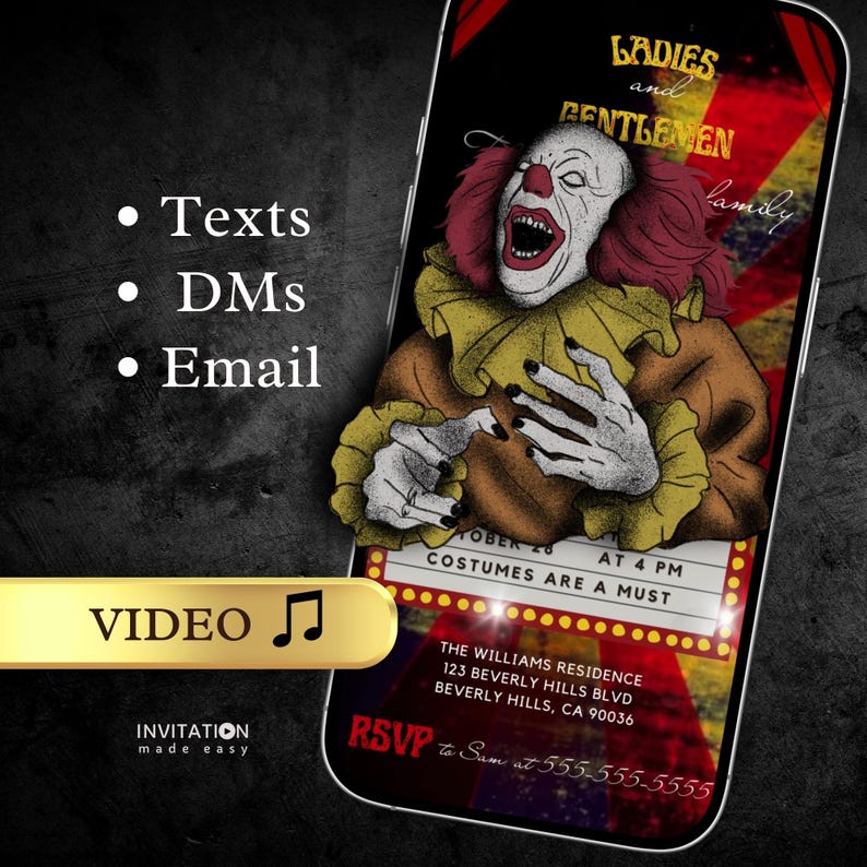 Halloween Party Video Invitation Spooktacular Party Invite Editable Template Creepy Clown Invite Halloween Costume Evite Carnival Invitation image 1