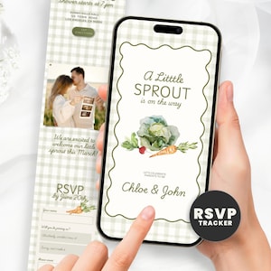 May include: A smartphone displays a baby shower invitation with the text "A Little Sprout is on the way." The invitation features a watercolor illustration of vegetables. A matching invitation card is visible in the background.