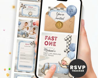 Fast One Birthday Invitation with Online RSVP Guest Tracker, Editable Race Car Digital Template, Text Message Evite