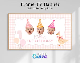 Silly Goose Frame TV Banner, Editable Birthday TV Display, Little Goose 1st Bday Vintage Farm Theme Party Decor Canva Template