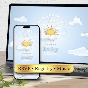 May include: A baby shower invitation design displayed on a laptop and smartphone. The design features the text "Here Comes the Son" with a sun and cloud graphic. The invitation also includes "Join us for a baby shower" and RSVP, Registry, and Music options.