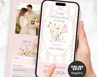 May include: A smartphone displays a baby shower invitation with floral accents and the text "A little Wildflower is coming." The invitation features a pink and white striped background, a bouquet illustration, and RSVP details. A matching invitation card is also visible.