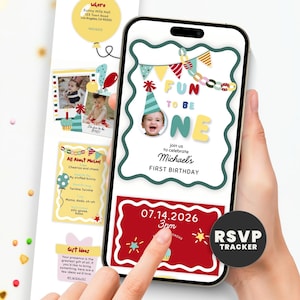 May include: A smartphone displays a digital invitation for Michael's first birthday. The invitation features a photo of a baby, colorful text, and decorative elements. The date and time are displayed on a red background, with an RSVP tracker.