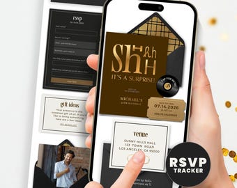 Surprise Birthday Invitation for Men, Brown and Gold Digital Evite, Website Invite with RSVP Guest Tracker, Editable Canva Template