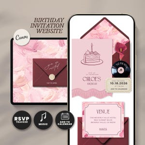 May include: A digital birthday invitation website template featuring pink and burgundy color schemes. Elements include a cake illustration, a vinyl record icon with text 'TAP FOR MUSIC', a calendar ticket for 10.18.2026, and venue details for The Beverly Hills Hotel.