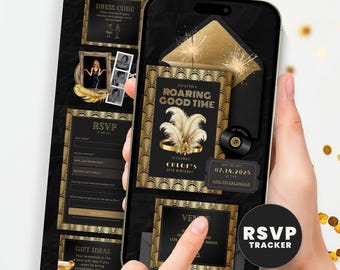 Great Gatsby Art Deco Website Evite, Roaring 20s Birthday Invitation with Online RSVP, Digital Template, Black and Gold Flapper 30th
