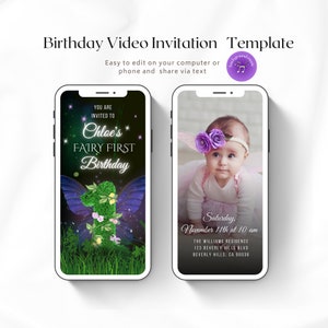 Fairy First Birthday Video Invitation with Photos, Enchanted Forest Birthday Animated Digital Invite, 1st Birthday Girl Evite Template