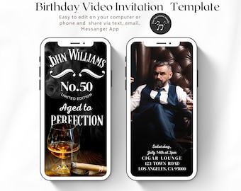 Puede incluir: Una plantilla de invitación de video de cumpleaños con un diseño en blanco y negro que presenta a un hombre con traje y un vaso de whisky. El texto dice "John Williams No. 50 Edición limitada Envejecido a la perfección". La invitación incluye la fecha, la hora y la ubicación del evento.