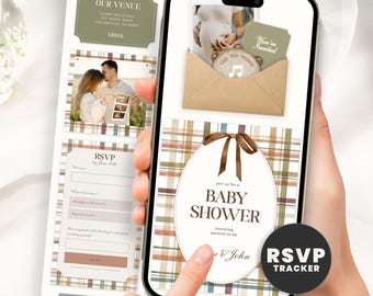 Fall Baby Shower Invitation, Plaid Website Invitation with Online RSVP Guest Tracker, Editable Digital Template, Text Message Evite