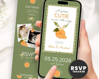 Little Cutie Baby Shower Invitation Website, Citrus Digital Evite with Online RSVP, Gender Neutral Baby Editable Canva Template
