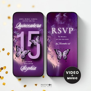 Plantilla de invitación en video para Quinceañera, Invitación Butterfly Sweet 15, Mis Quince Años Evite, Invitación animada editable en Canva con música