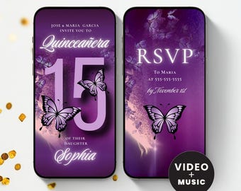 Plantilla de invitación en video para Quinceañera, Invitación Butterfly Sweet 15, Mis Quince Años Evite, Invitación animada editable en Canva con música