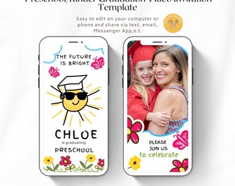May include: A smartphone screen displaying a graduation invitation for Chloe. The invitation features a cartoon sun wearing sunglasses and a graduation cap, with the text "The future is bright". The invitation also includes the text "Chloe is graduating Preschool" and a colorful floral border. The right side of the screen shows a photo of a young girl and a woman, with the text "Please join us to celebrate".