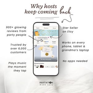 May include: A smartphone displays an Etsy listing for "Invitation Made Easy." Text highlights features: 900+ reviews, trusted by over 6,000 customers, and works on all devices. The listing is a Star Seller with a 4.9 rating.