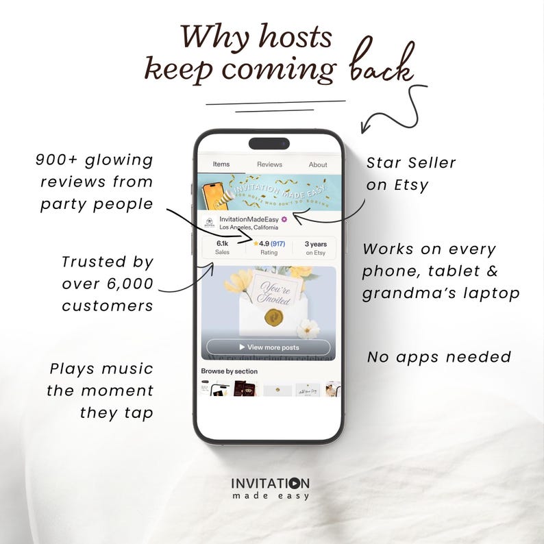 May include: A smartphone displays an Etsy listing for "Invitation Made Easy." Text highlights features: 900+ reviews, trusted by over 6,000 customers, and works on all devices. The listing is a Star Seller with a 4.9 rating.