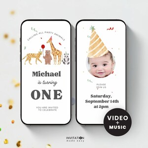 Invitación en video para primer cumpleaños de animales de fiesta, invitación digital animada para primer cumpleaños con desfile de animales salvajes, plantilla de confeti colorido de Evite